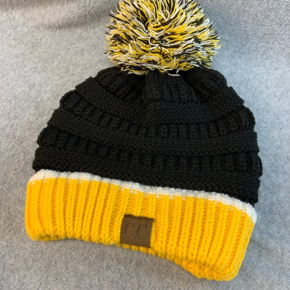 Colorblock Pom Pom Womens Black Yellow C.C Beanie Knit Winter Hat OSFM